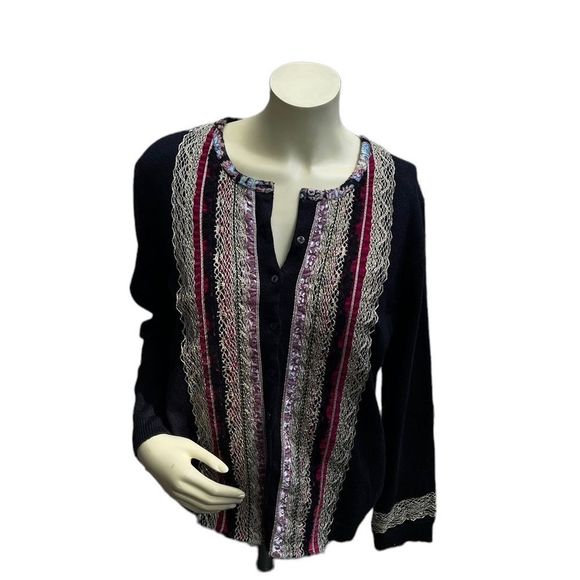 Chico's Multi- Colored Lace Stripe Button Cardigan Sweater - Picture 8 of 8